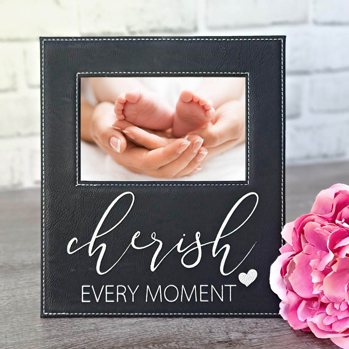 Cherish Every Moment | Laser Engraved | Black & Silver Leatherette Picture Frame - ILYB Designs