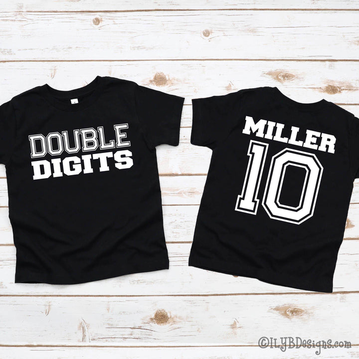 Front and back of black t-shirt with 'DOUBLE DIGITS' on front and ' MILLER 10' on back in white text in collegiate font.
