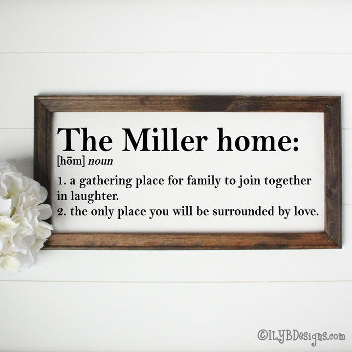 Personalzied decorative canvas sign with personalized definition of 'The Miller home: A gathering place for family to join together in laughter. The only place you will be surrounded by love.
