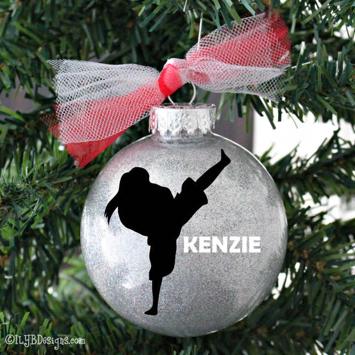 Karate/Taekwondo Girl Christmas Ornament | Martial Arts Sports Ornament | Personalized Glitter - ILYB Designs