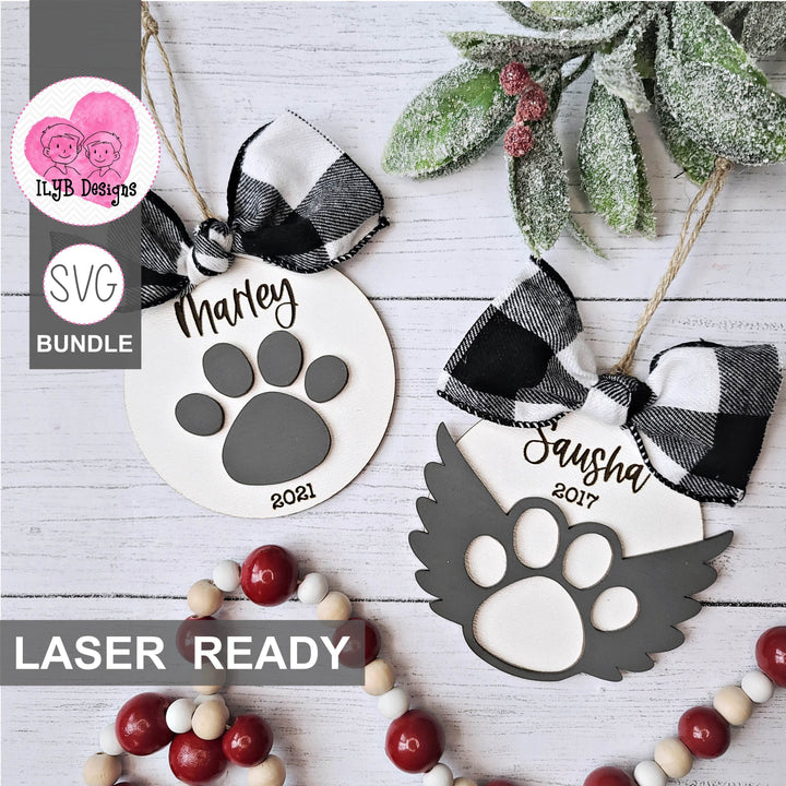 Pet Paw Print & Pet Angel Wings Christmas Ornament | Laser Cut SVG Bundle - ILYB Designs