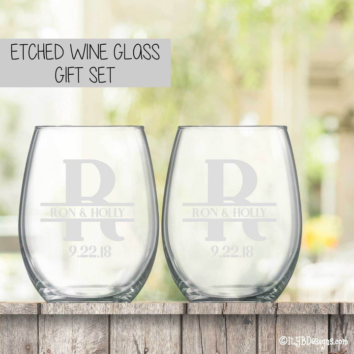 Etched Wine Glasses Set - Initial & Names with Wedding Date - ILYB Designs
