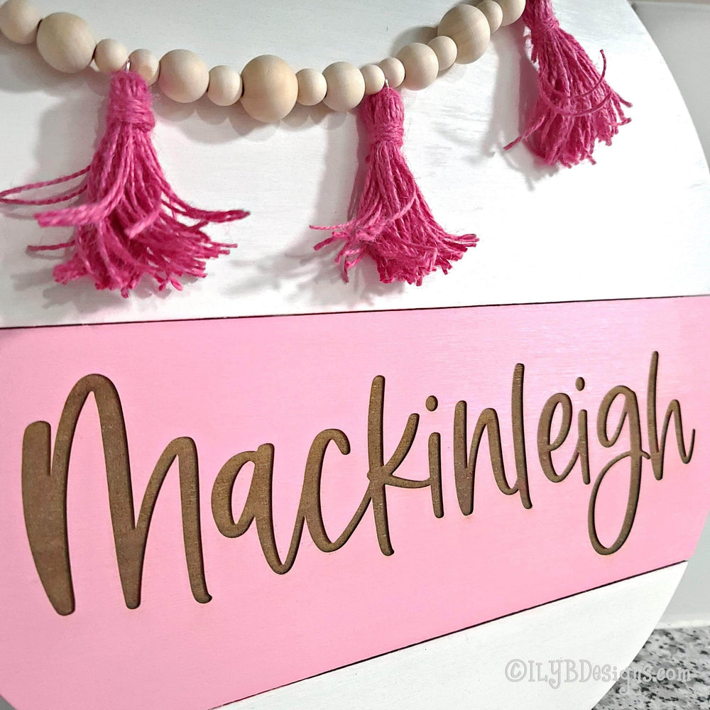 Bead Garland and Tassel Boho Nursery Name Sign | Round Shiplap Name Sign - ILYB Designs