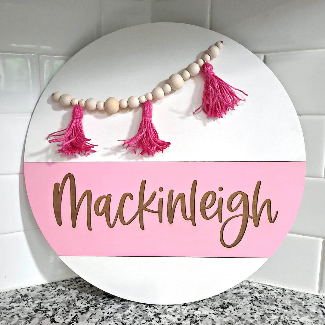 Bead Garland and Tassel Boho Nursery Name Sign | Round Shiplap Name Sign - ILYB Designs