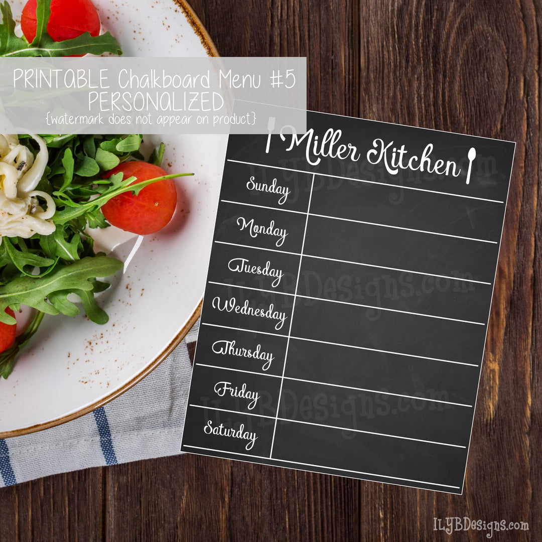 Printable 8"x10" weekly menu with a black chalkboard background. A white script font says, "Miller Kitchen" at the top flanked by a white fork and spoon. The name is personalized for your order. The days of the week are also in a white script font aligned vertically down the left side. Lines separate each day so there is space to write in a weekly menu.