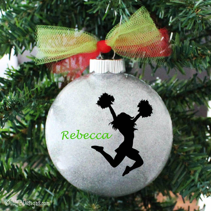 Jumping Cheerleader Christmas Ornament | Sports Ornament | Personalized Glitter - ILYB Designs