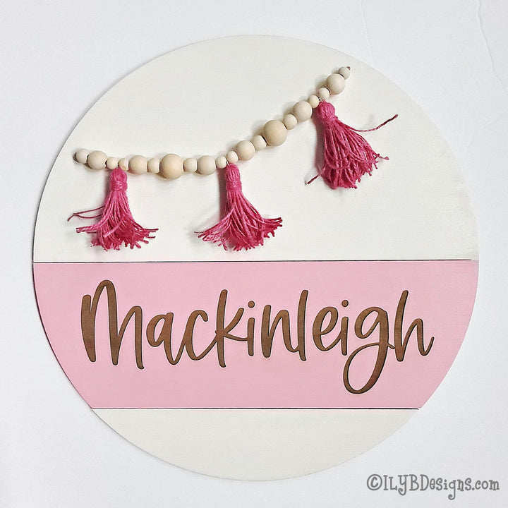 Bead Garland and Tassel Boho Nursery Name Sign | Round Shiplap Name Sign - ILYB Designs