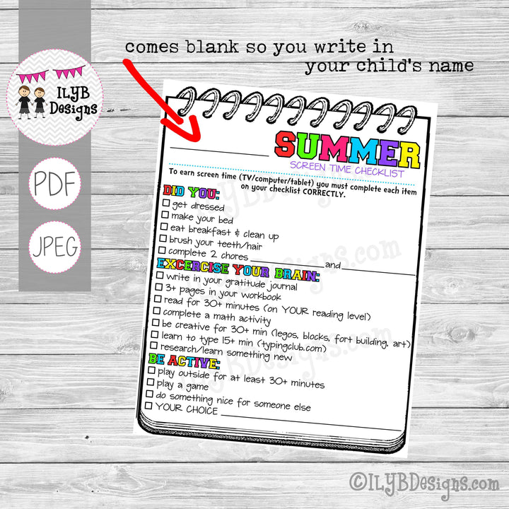 SUMMER SCREEN TIME CHECKLIST for older kids PDF, JPEG Printable Files - Summer Schedule - Summer Learning Checklist - Technology Chart - ILYB Designs