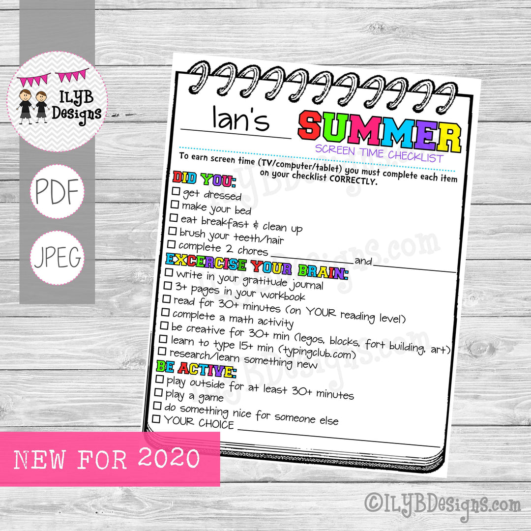 SUMMER SCREEN TIME CHECKLIST for older kids PDF, JPEG Printable Files - Summer Schedule - Summer Learning Checklist - Technology Chart - ILYB Designs