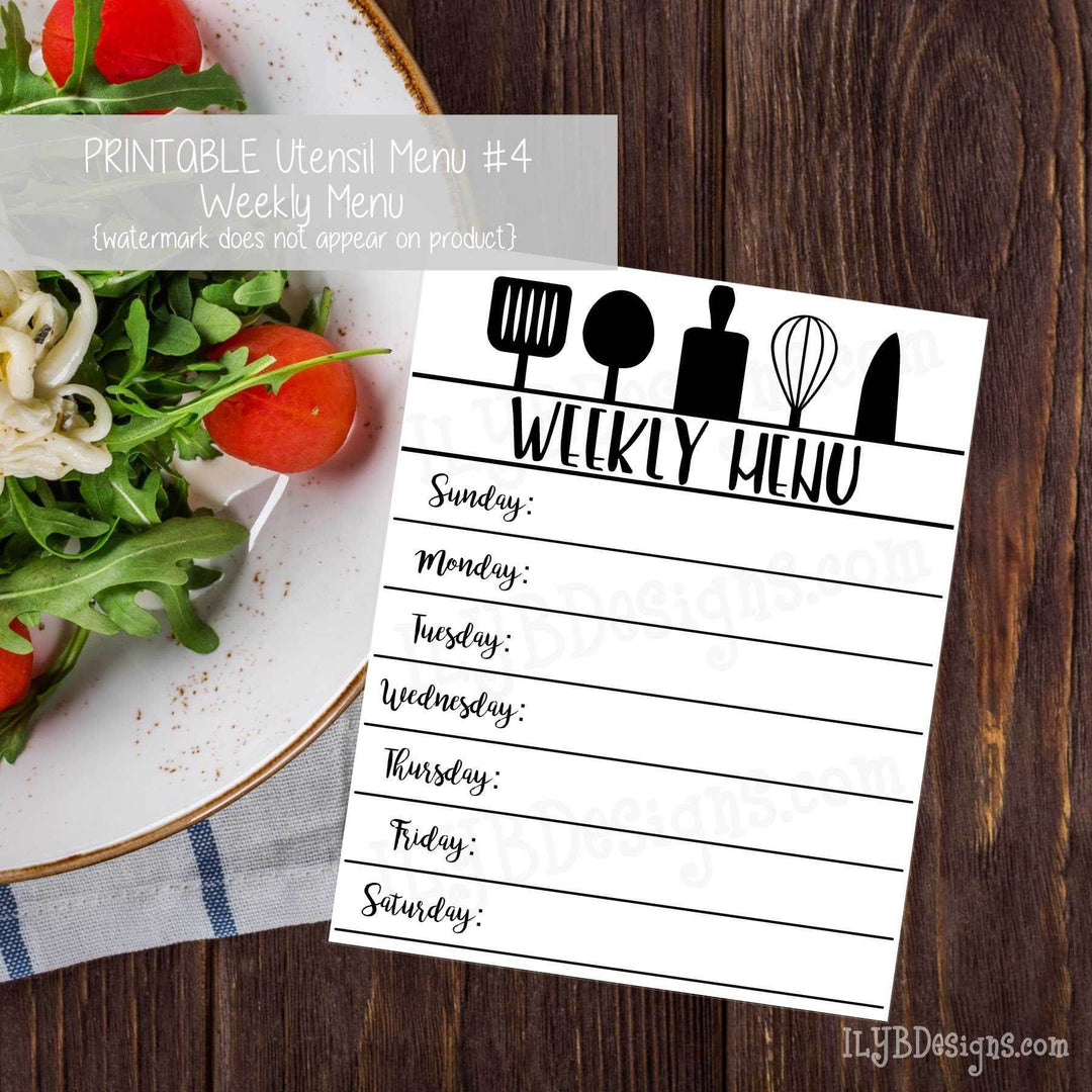 PRINTABLE Utensil Menu #4 - Weekly Menu - ILYB Designs