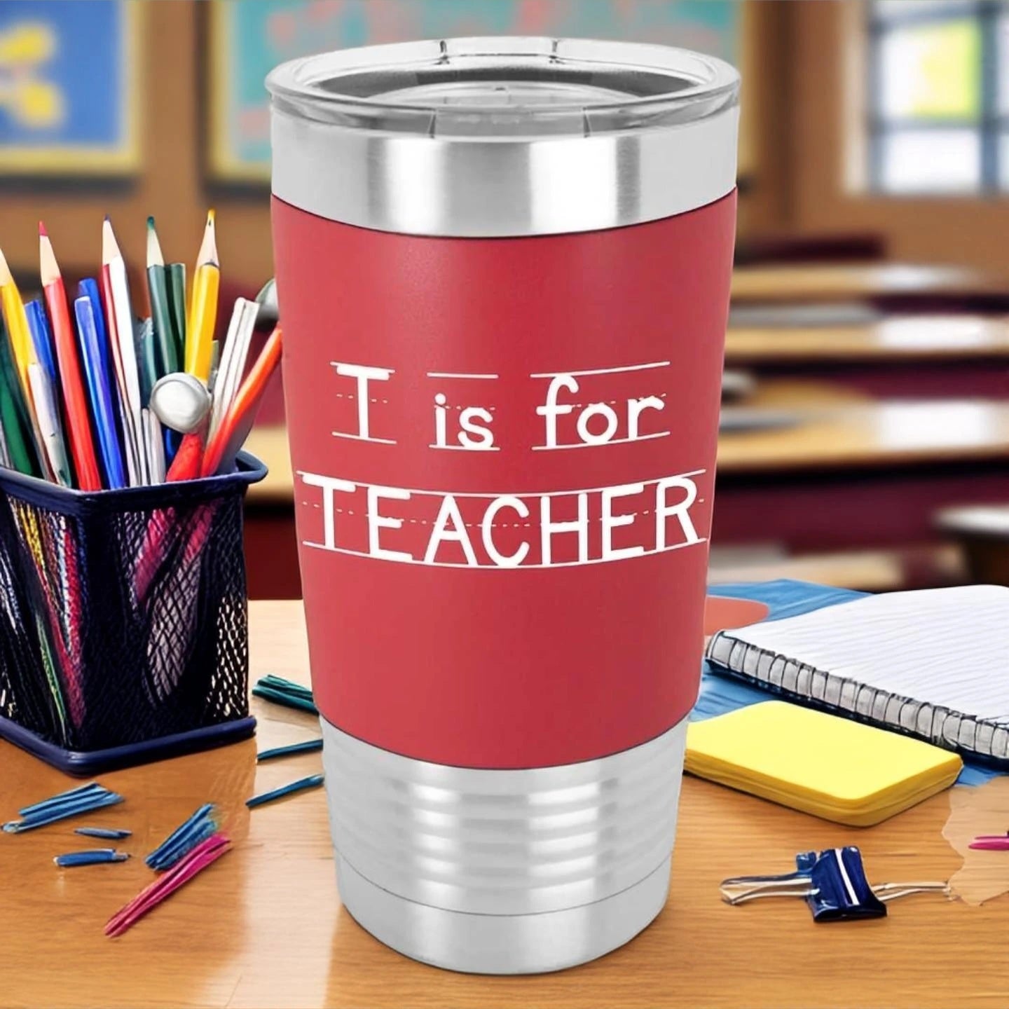 Red stainless steel teacher tumbler that says T is for Teacher in a primary lined writing paper font sitting on a desk with school supplies.