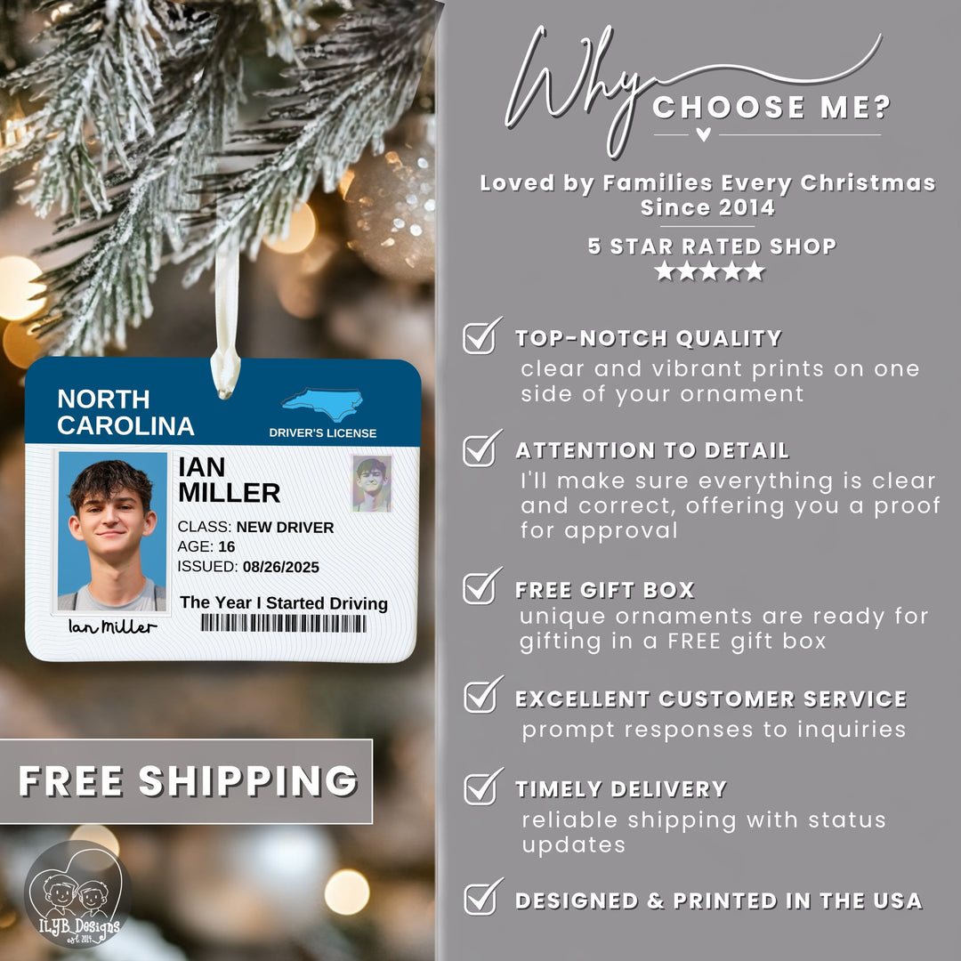 Promotional graphic for an ornament featuring a sample Christmas ornament with a printed novelty driver&