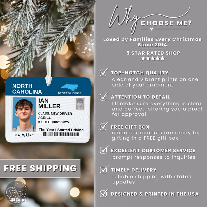 Promotional graphic for an ornament featuring a sample Christmas ornament with a printed novelty driver&