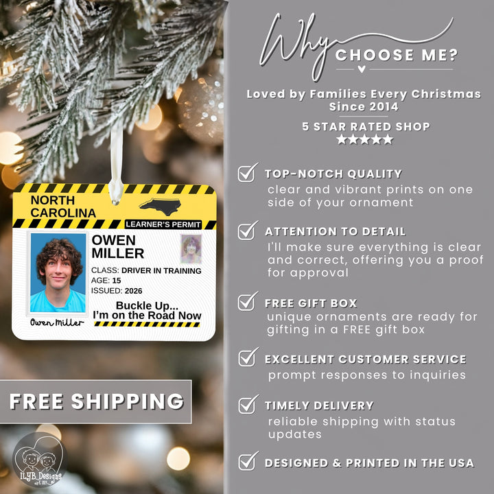 Promotional graphic for an ornament printing service, featuring a sample Christmas ornament with a learner&
