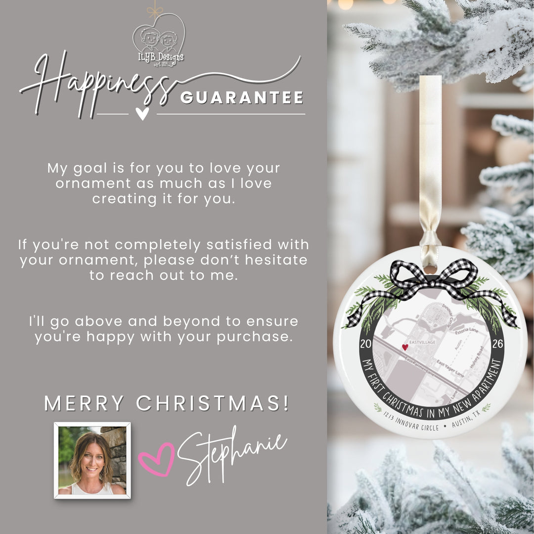 A personalized Christmas ornament hanging on a snowy tree, shown next to a gray promotional card with text reading &