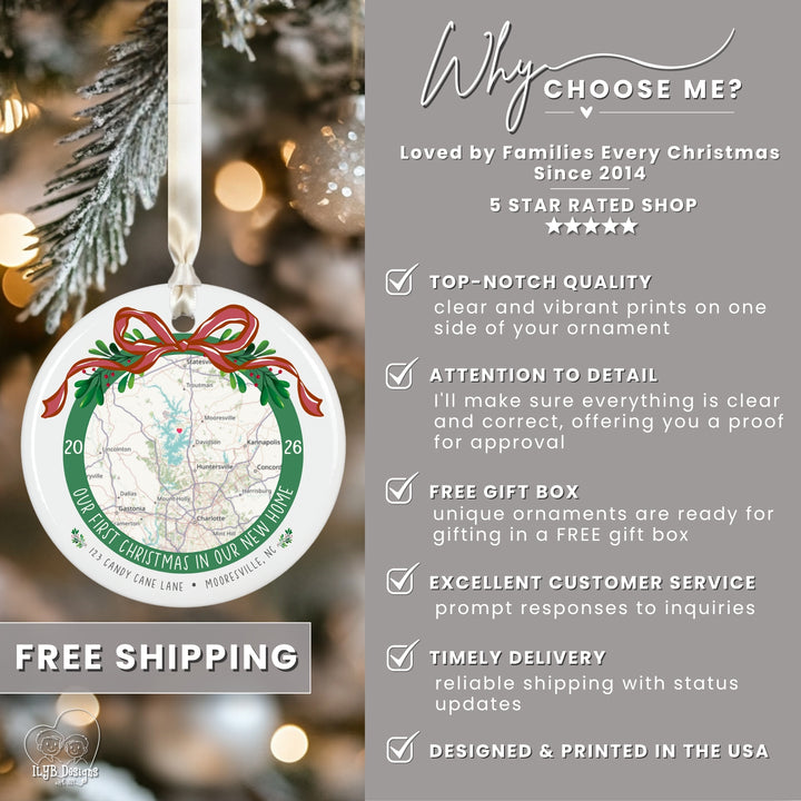A round Christmas ornament with a map of New Mexico and a red bow graphic, shown hanging against a blurred Christmas tree background. The right side contains promotional text reading &