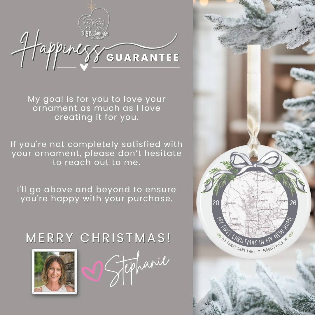 A personalized Christmas ornament hanging on a snowy tree alongside a gray promotional card that reads &