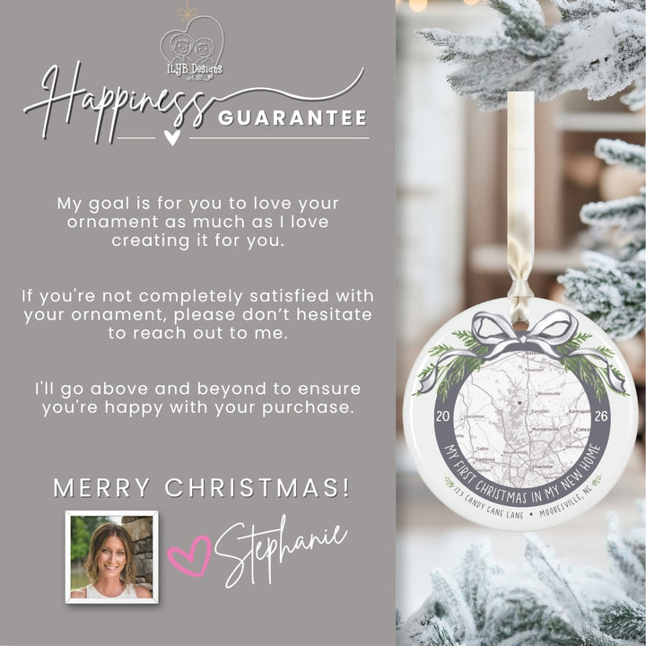 A personalized Christmas ornament hanging on a snowy tree alongside a gray promotional card that reads &
