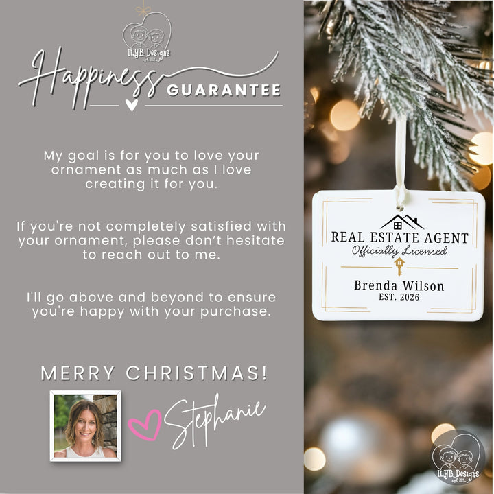 A holiday-themed real estate ornament  with a gray left panel reading &