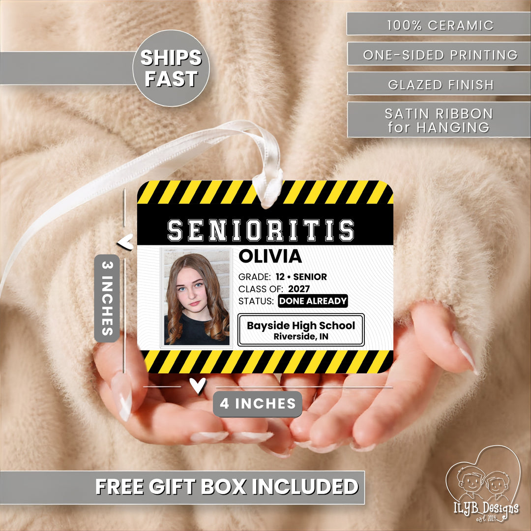 Senior 2027 Ornament | Senioritis Class of 2027 Gift | Personalized Ceramic Christmas Ornament with Photo