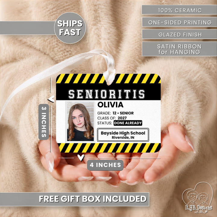 Senior 2027 Ornament | Senioritis Class of 2027 Gift | Personalized Ceramic Christmas Ornament with Photo