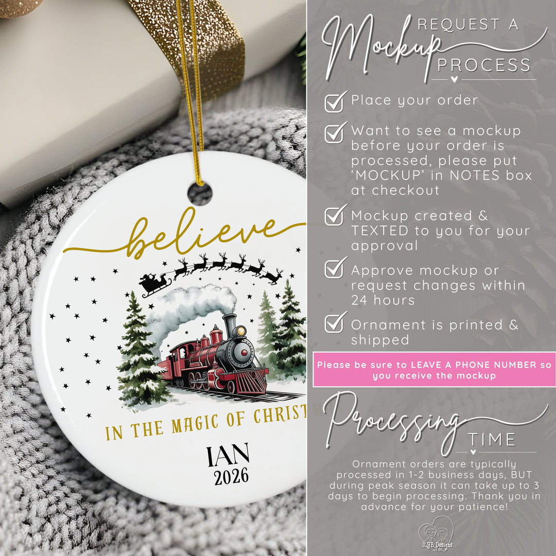 How to request a mockup to be sent to you before your ornament is printed. Place your order and put the word MOCKUP in the notes box. A mockup will be created and texted to you for approval. Approve mockup or request changes within 24 hours. Ornament is printed and shipped. Please be sure to leave a phone number so you receive the mockup. Ornament orders are typically processed in 1-2 business days. During peak season it can take up to 3 days to begin processing.
