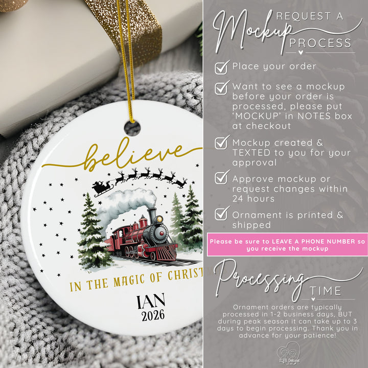 How to request a mockup to be sent to you before your ornament is printed. Place your order and put the word MOCKUP in the notes box. A mockup will be created and texted to you for approval. Approve mockup or request changes within 24 hours. Ornament is printed and shipped. Please be sure to leave a phone number so you receive the mockup. Ornament orders are typically processed in 1-2 business days. During peak season it can take up to 3 days to begin processing.