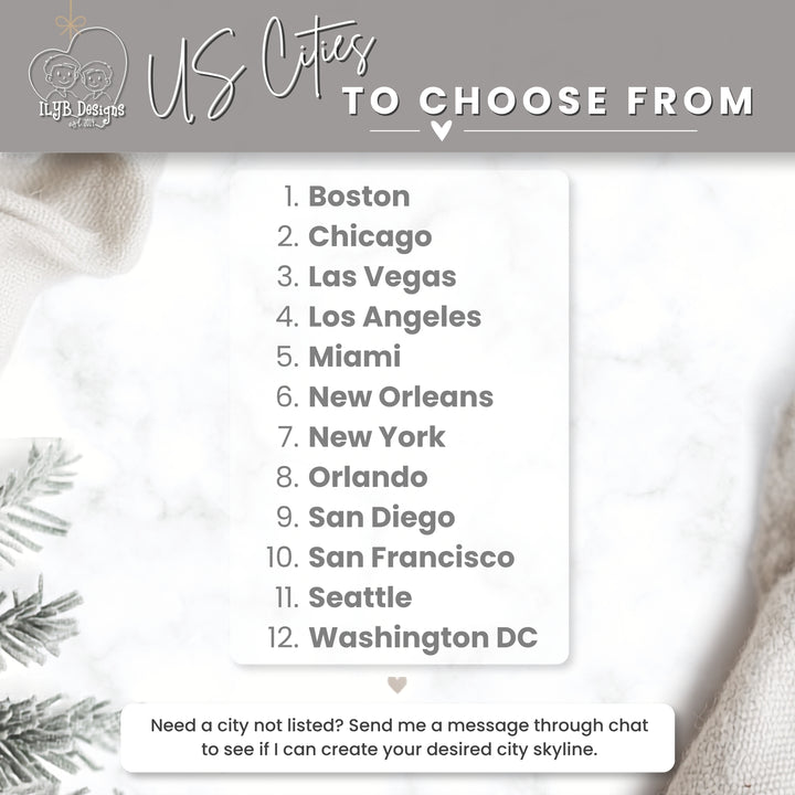 A digital graphic listing 12 US cities to choose from, including Boston, Chicago, Las Vegas, Los Angeles, Miami, New Orleans, New York, Orlando, San Diego, San Francisco, Seattle, and Washington DC. The graphic features a white marble texture background with soft beige knit fabric on the sides and pine branches in the corners.