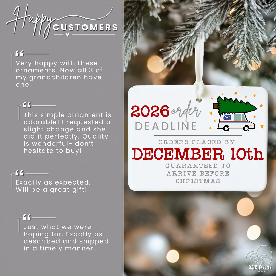 A holiday-themed promotional graphic showing a white hanging ornament tag with red and gray text reading &