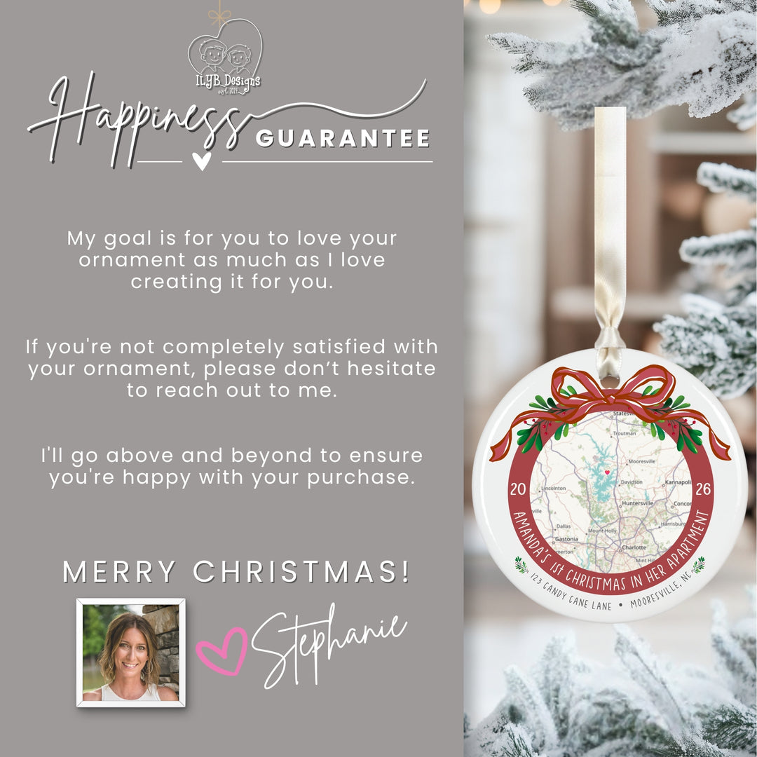 A holiday gift card or promotional graphic for a personalized Christmas ornament. The left side is a gray panel with the text &
