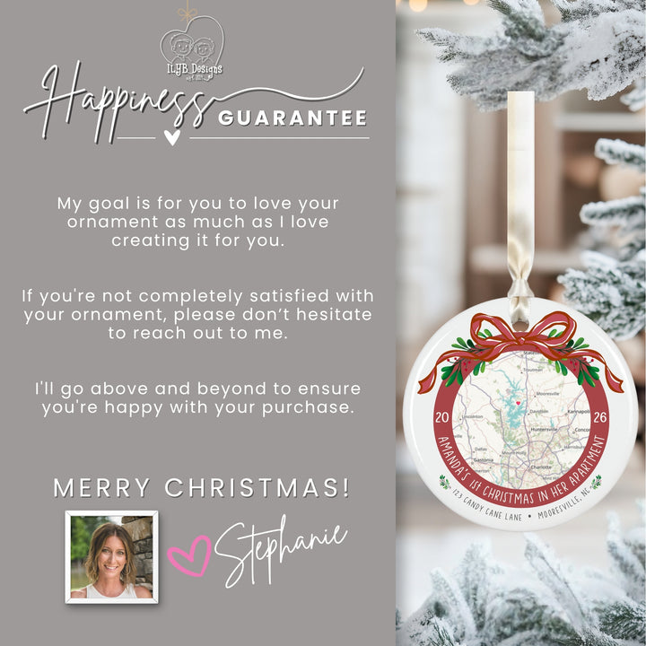 A holiday gift card or promotional graphic for a personalized Christmas ornament. The left side is a gray panel with the text &