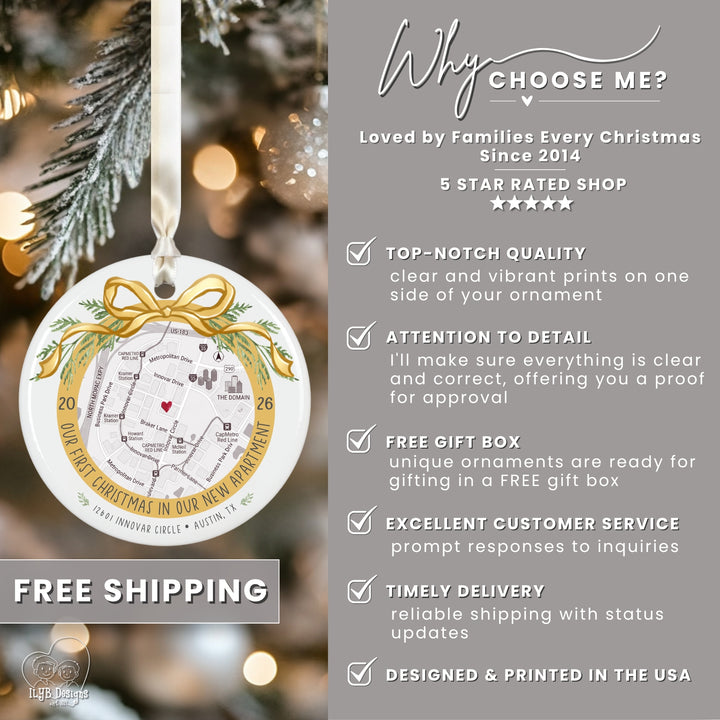A Christmas ornament graphic showing a round white ornament with a printed map design and gold ribbon illustration hanging against a blurred Christmas tree background. The right side contains promotional text reading &