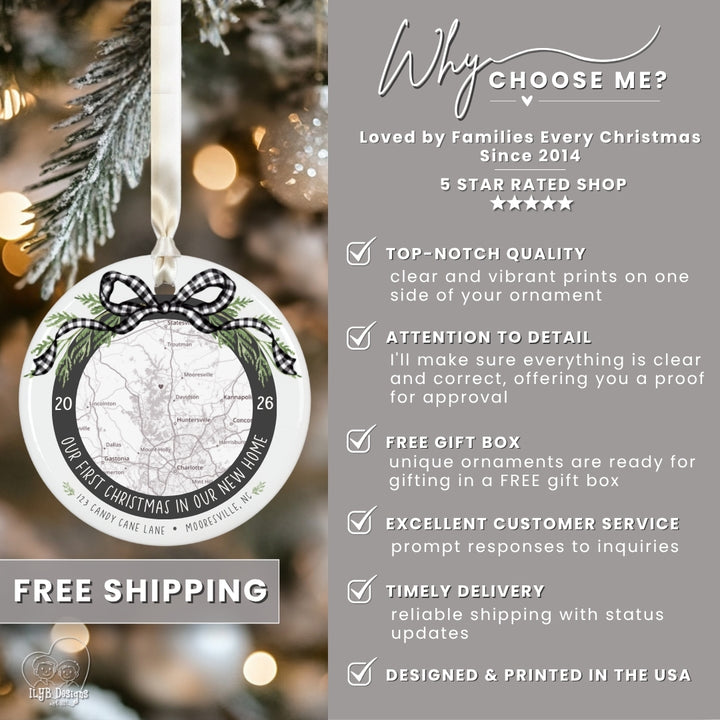 A Christmas ornament mockup hanging on a blurred Christmas tree, shown beside a gray text panel listing features like free shipping, 5-star rating, and printed in the USA. The ornament is round with a black ribbon bow and green pine accents around a map design.