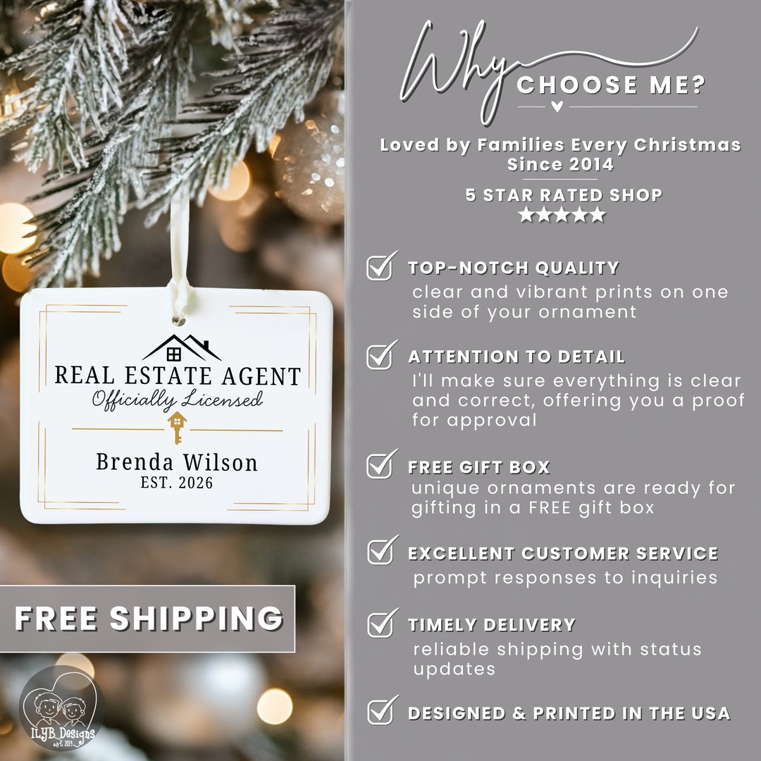 A promotional graphic for a personalized real estate agent Christmas ornament. The left side shows a close-up of a white ornament with a hanging ribbon and a custom printed card that reads &