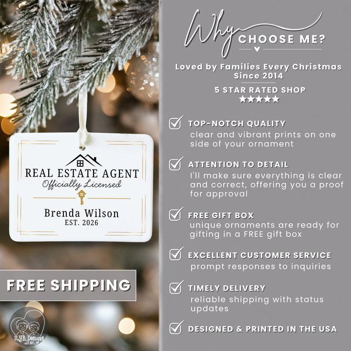 A promotional graphic for a personalized real estate agent Christmas ornament. The left side shows a close-up of a white ornament with a hanging ribbon and a custom printed card that reads &
