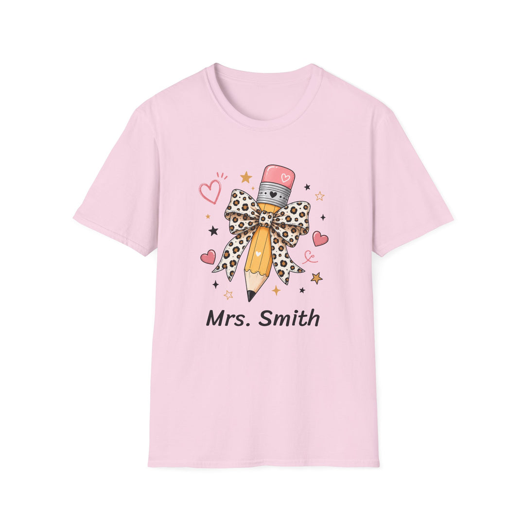 Personalized Leopard Pencil Bow Teacher Shirt | Custom Name Tee