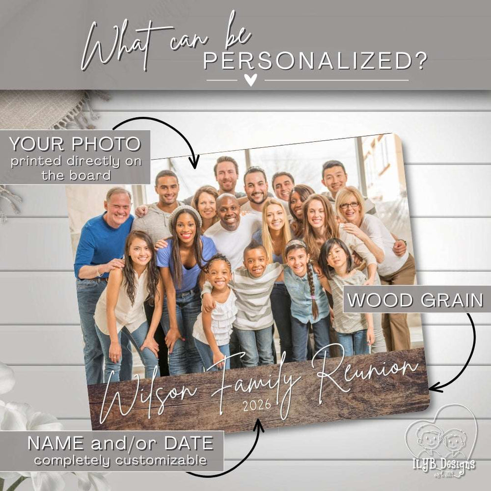 Family reunion photo board with customizable text on a wooden surface