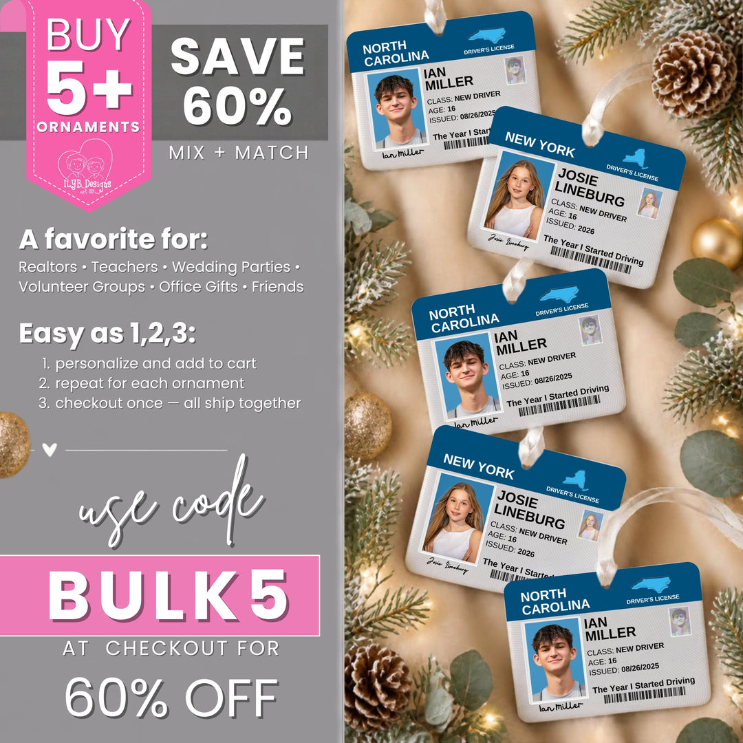 Promotional graphic for bulk purchase of personalized ID badge ornaments. The left side has a gray panel with sale text: &