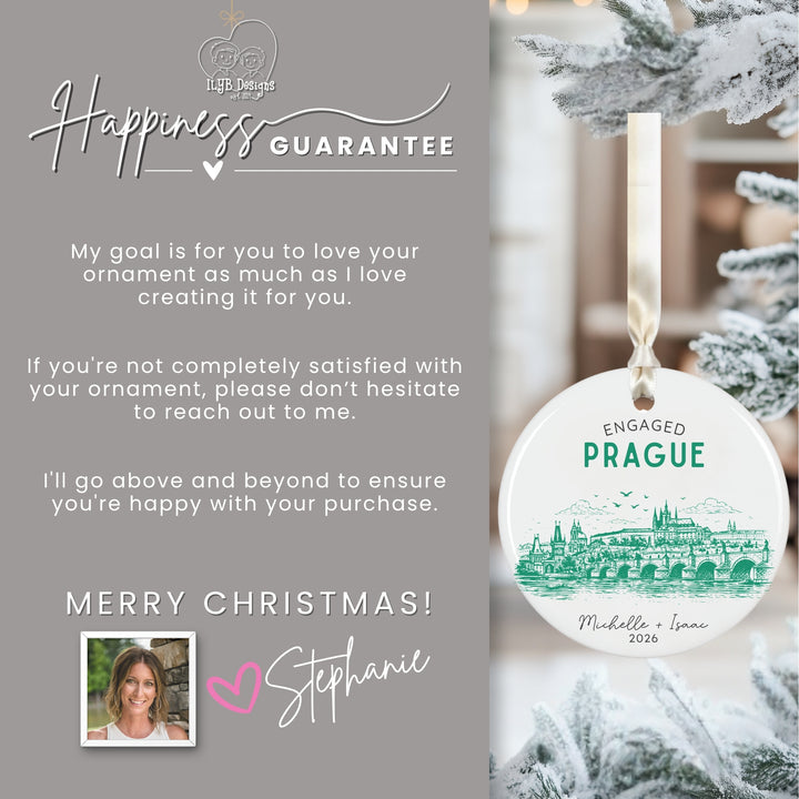 Custom Christmas ornament package promo graphic featuring a white round ornament printed with a green illustrated cityscape and the words &