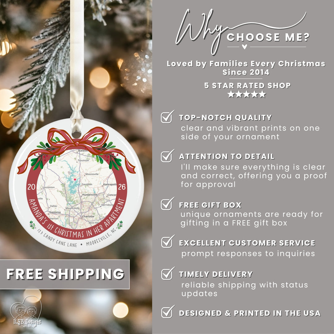 A personalized Christmas ornament shown hanging on a blurred Christmas tree, with a large text panel on the right listing features like free shipping, 5-star rated shop, and free gift box. The ornament is round with a map design, red ribbon, and holiday text.