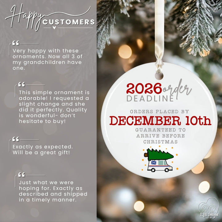 A white ceramic Christmas ornament with a hanging loop, shown on the right against a blurred holiday tree background. The left side contains promotional text and customer reviews.
