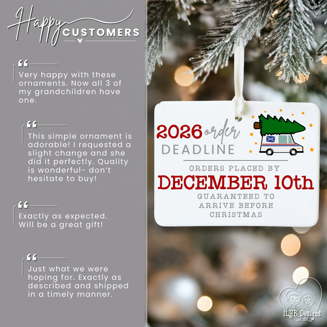 A holiday-themed promotional graphic showing a white hanging ornament with red and gray text reading &