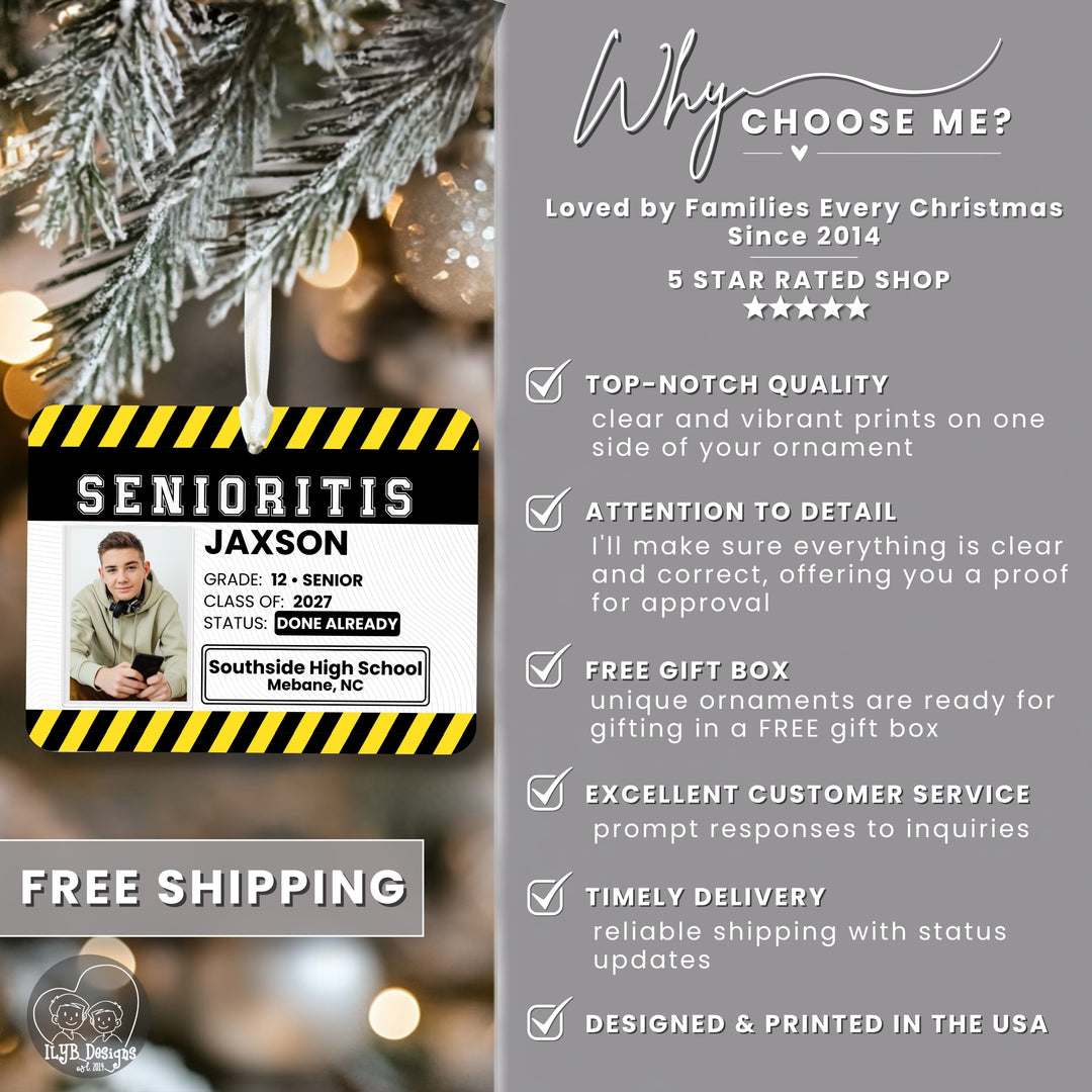 Senior 2027 Ornament | Senioritis Class of 2027 Gift | Personalized Ceramic Christmas Ornament with Photo