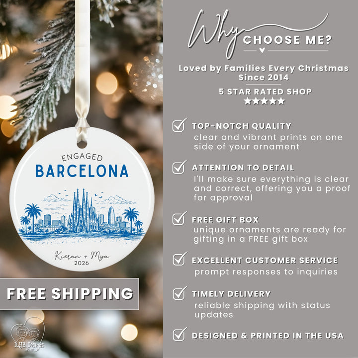 A promotional graphic for a personalized Christmas ornament. On the left, a round white ornament with blue text reading &