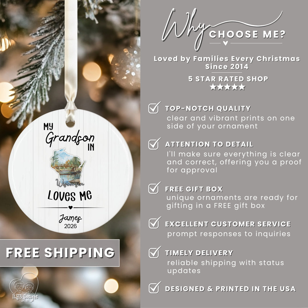 My Grandchild Loves Me State Ornament | Long Distance Grandparent Christmas Gift