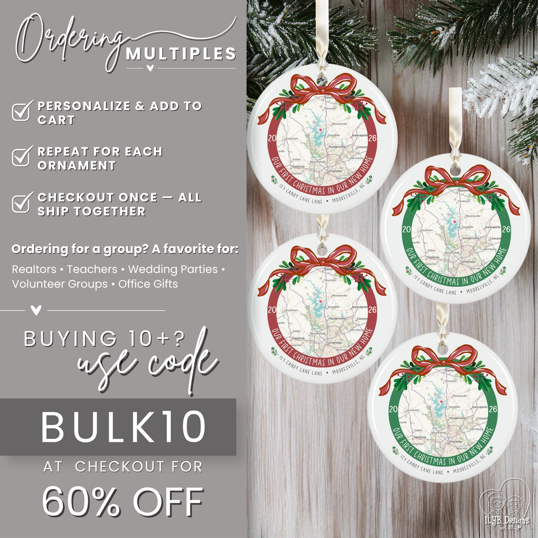 Four round Christmas ornaments with custom printed maps, red bows, and green holly accents hanging on a rustic wood surface with pine branches. The left side includes promotional text for bulk ordering and a discount code.