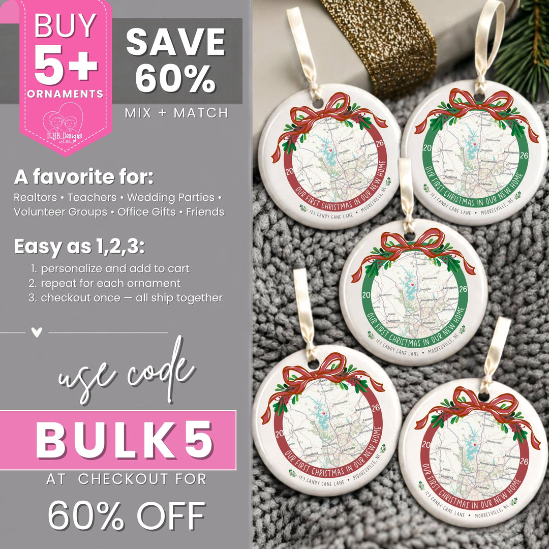 Five round Christmas ornaments with custom printed maps, red bows, and green holly accents hanging on a rustic wood surface with pine branches. The left side includes promotional text for bulk ordering and a discount code.