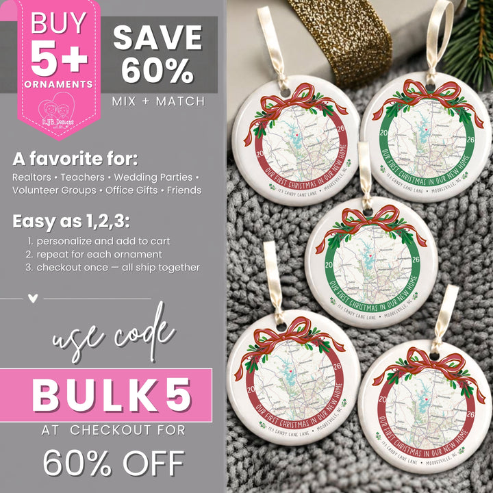 Five round Christmas ornaments with custom printed maps, red bows, and green holly accents hanging on a rustic wood surface with pine branches. The left side includes promotional text for bulk ordering and a discount code.