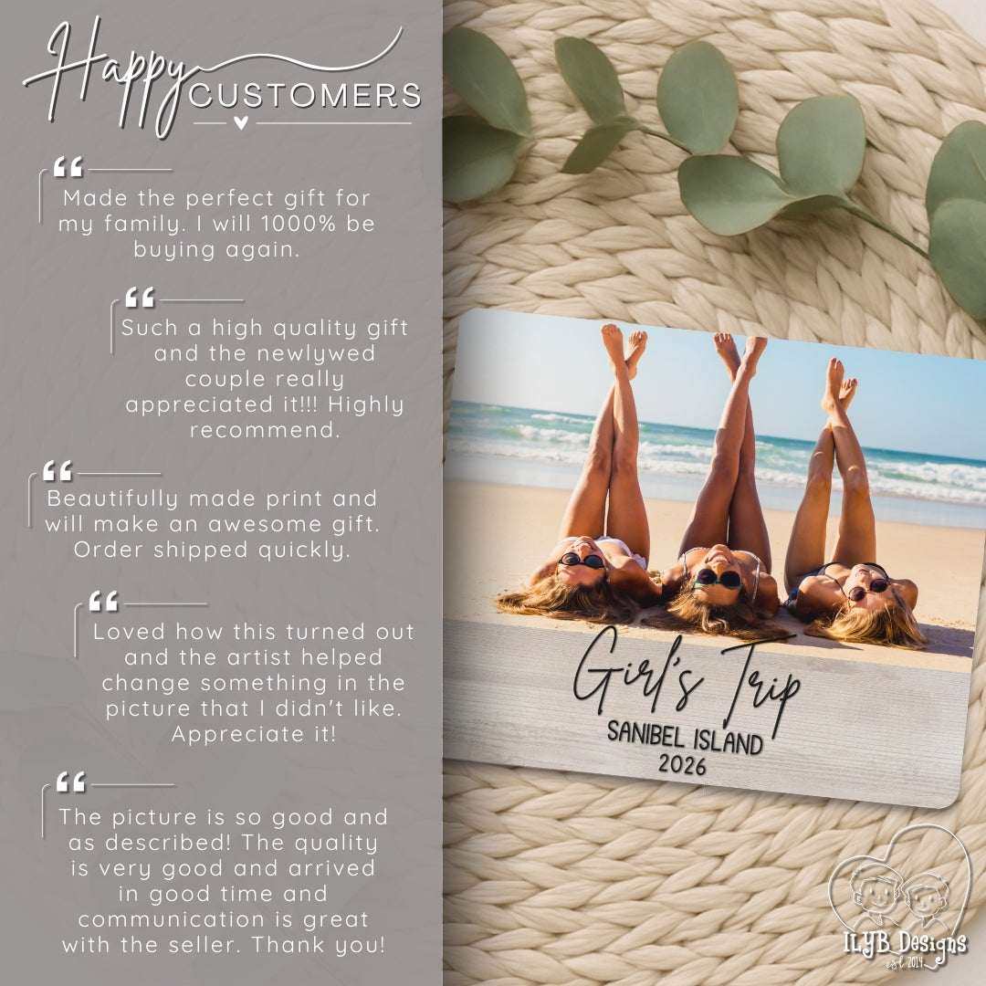 Photo plaque with 'Girl's Trip Sanibel Island 2026' on a textured surface with green leaves.
