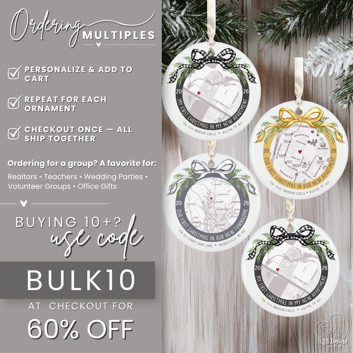Four round personalized Christmas ornaments displayed on a rustic wood surface with evergreen branches, alongside promotional text on the left for bulk ordering and a 10% off code.